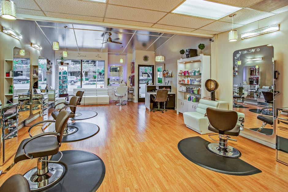 Spacious hair salon in Del Mar, California featuring contemporary design and ample seating.